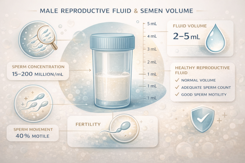 Educational illustration explaining semen volume and related reproductive health concepts